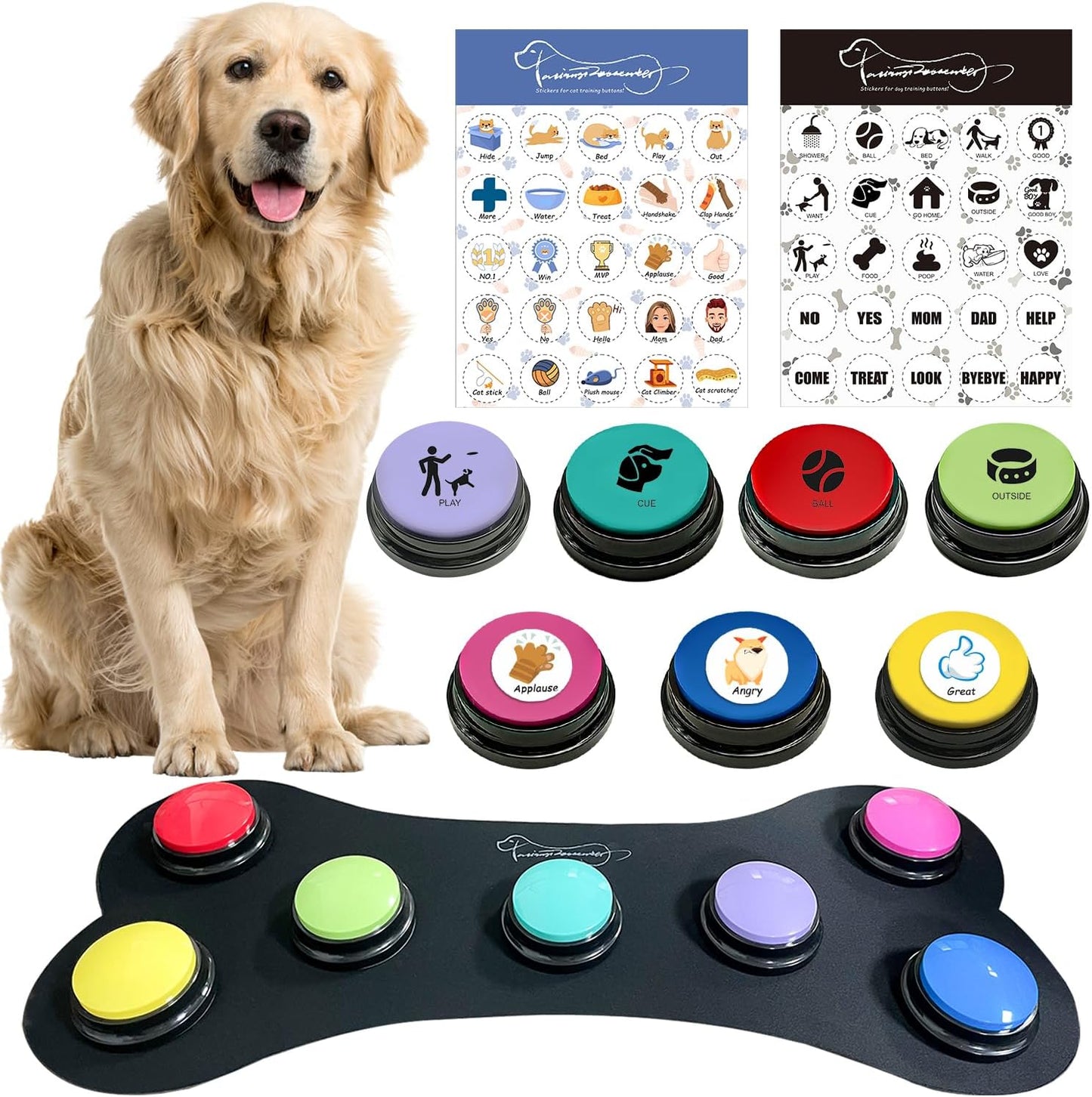 7 Colour Voice Recording Button, Dog Communication Buzzer Button for Pet Training, 30-Second Record and Playback, Includes Waterproof Pad and 50 Scenario Stickers.