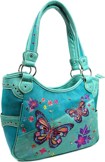 Butterfly Flower Season Embroidery Conceal Carry Tote Handbag Purse Set