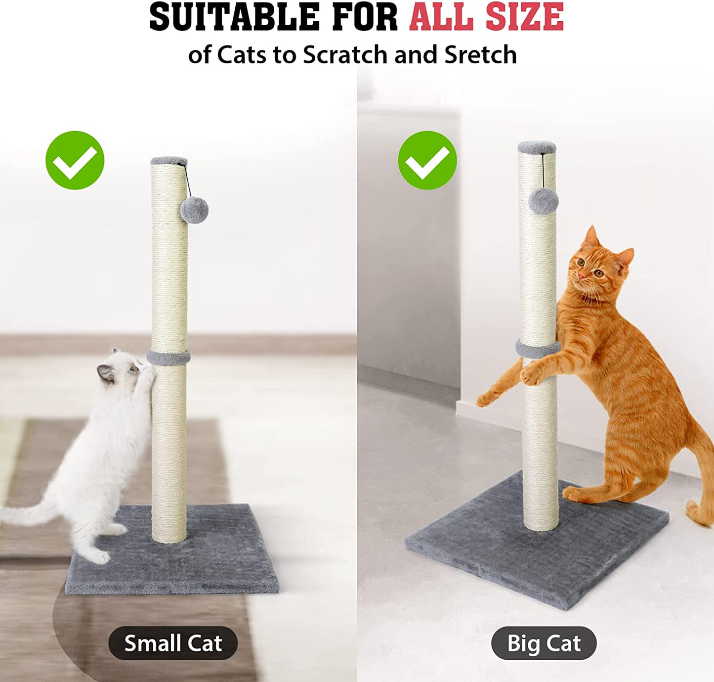 31'' Tall Cat Scratching Post - Cat Claw Scratcher with Hanging Ball - Scratching Posts for Indoor Large Cats - Durable Stable Cat Furniture with Sisal Rope - Cat Scratch Post-Grey