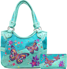 Butterfly Flower Season Embroidery Conceal Carry Tote Handbag Purse Set