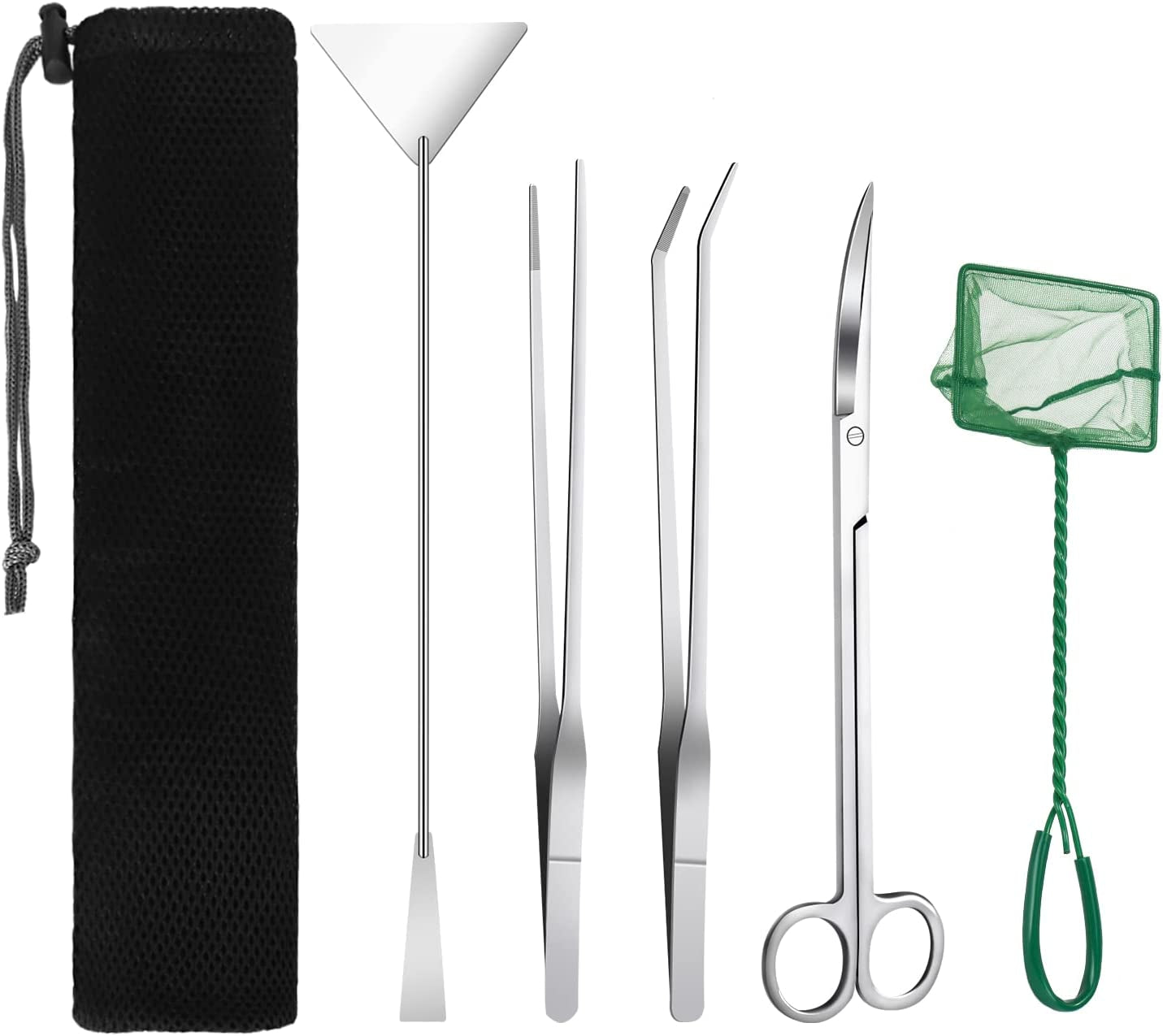 Aquarium Tools Kit, 4 in 1 Long Stainless Steel Tweezers Scissor Spatula Multi Functional Aquarium Tank Tool Set for Fish and Aquatic Plants Trim Aquascaping Cleaning & Fish Kit(With Fish Net)