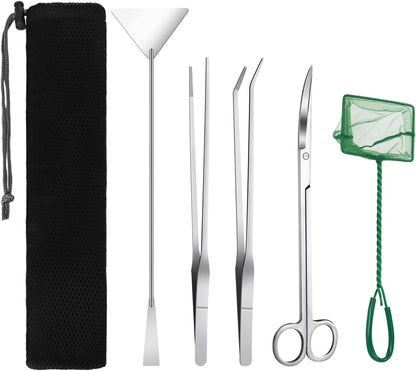 Aquarium Tools Kit, 4 in 1 Long Stainless Steel Tweezers Scissor Spatula Multi Functional Aquarium Tank Tool Set for Fish and Aquatic Plants Trim Aquascaping Cleaning & Fish Kit(With Fish Net)