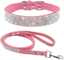 Cute Dazzling Sparkling Elegant Fancy Soft Suede Leather Bling Rhinestone Crystal Jeweled Pet Cat Dog Puppy Collar Dog Leash Combo Set(Pink,Xs)