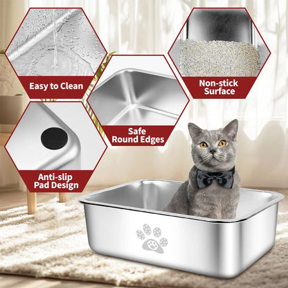 Cat Litter Box with High Sides Large Stainless Steel Cat Litter Pan 23.6" X 15.7" X 5.9"