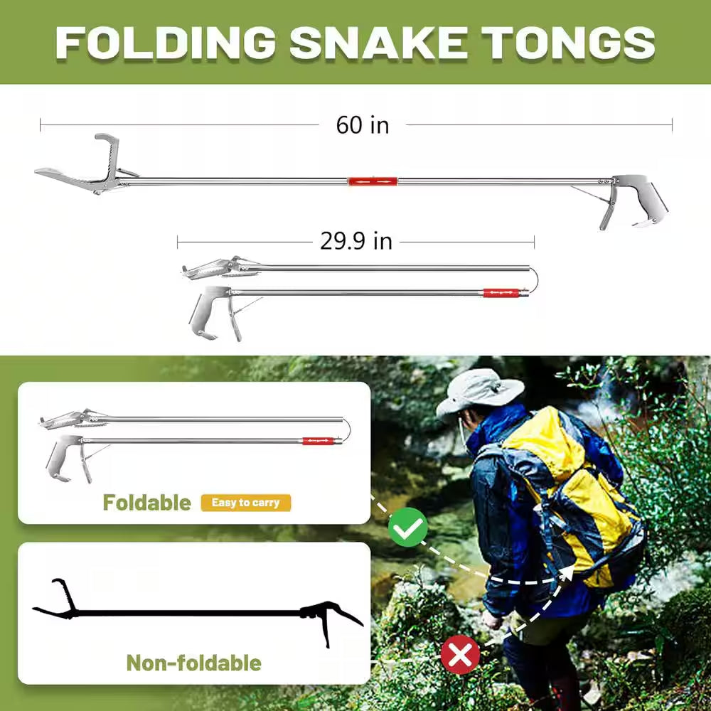 60 In. Snake Tongs Collapsible Grabber, Stainless Steel, Wide Serrated Jaw Handling Tool with Auto Lock Snake Catcher