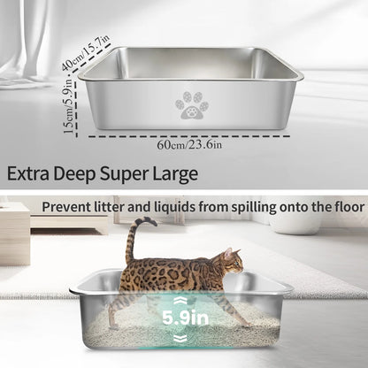 Cat Litter Box with High Sides Large Stainless Steel Cat Litter Pan 23.6" X 15.7" X 5.9"