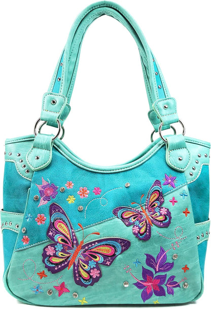 Butterfly Flower Season Embroidery Conceal Carry Tote Handbag Purse Set