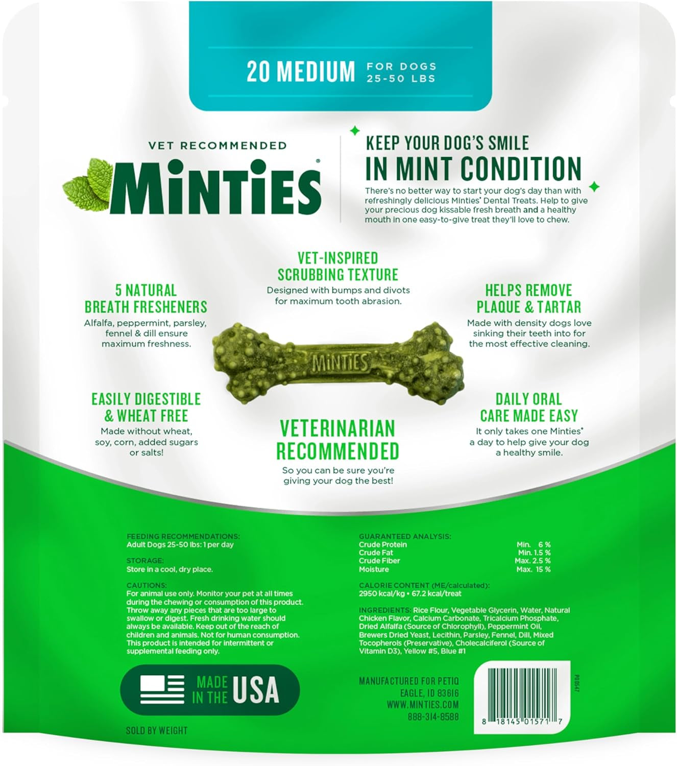 Dental Chews for Dogs, 20 Count, Vet-Recommended Mint-Flavored Dental Treats for Medium Dogs 25-50 Lbs, Dental Bones Clean Teeth, Fight Bad Breath, and Removes Plaque and Tartar