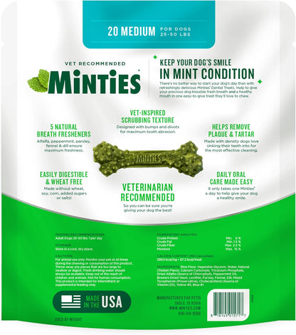 Dental Chews for Dogs, 20 Count, Vet-Recommended Mint-Flavored Dental Treats for Medium Dogs 25-50 Lbs, Dental Bones Clean Teeth, Fight Bad Breath, and Removes Plaque and Tartar