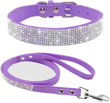 Cute Dazzling Sparkling Elegant Fancy Soft Suede Leather Bling Rhinestone Crystal Jeweled Pet Cat Dog Puppy Collar Dog Leash Combo Set(Purple,S)
