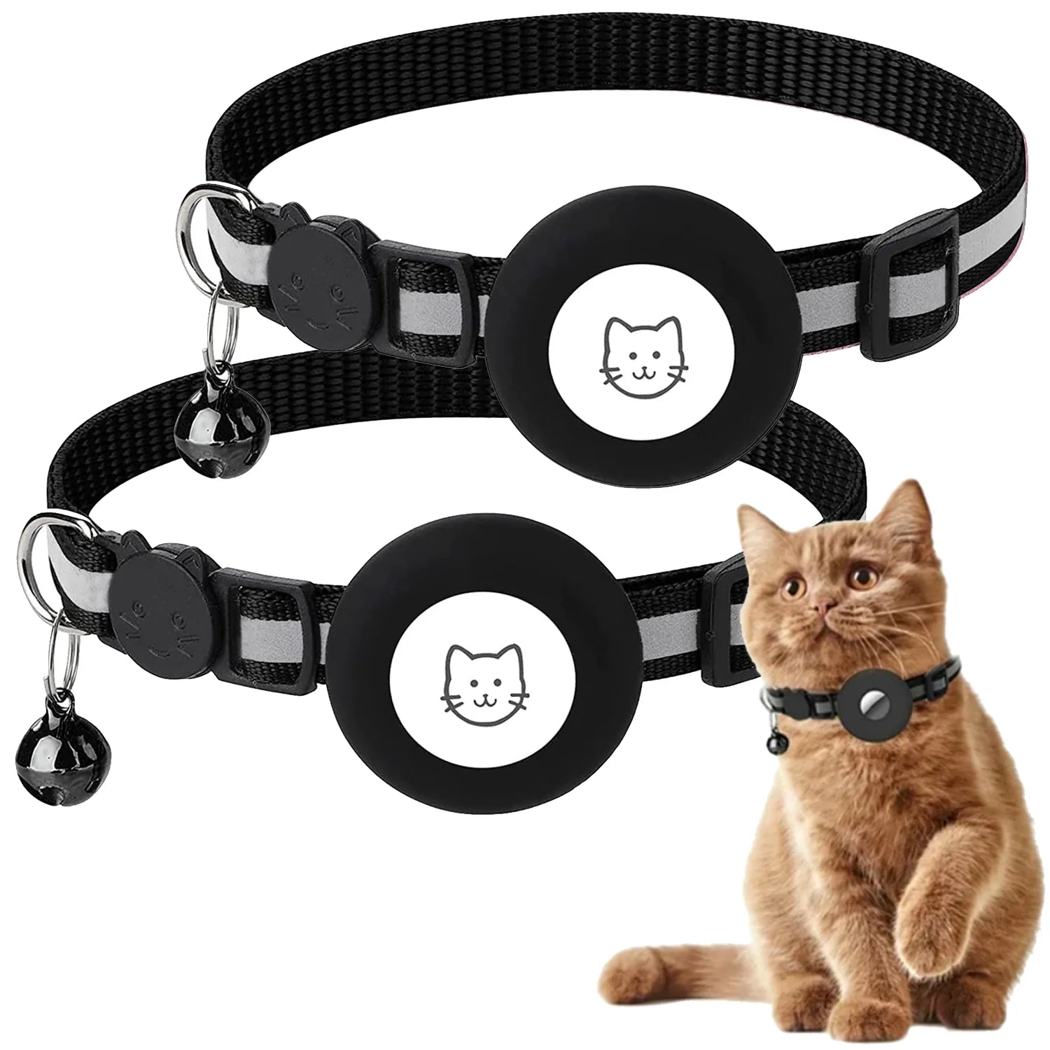 2 Pack Breakaway Airtag Cat Collar, Reflective Kitten Strap with Air Tag Case and Bell for Cat Kitten and Extra Small Dog, Black