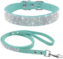 Cute Dazzling Sparkling Elegant Fancy Soft Suede Leather Bling Rhinestone Crystal Jeweled Pet Cat Dog Puppy Collar Dog Leash Combo Set(Blue,Xs)