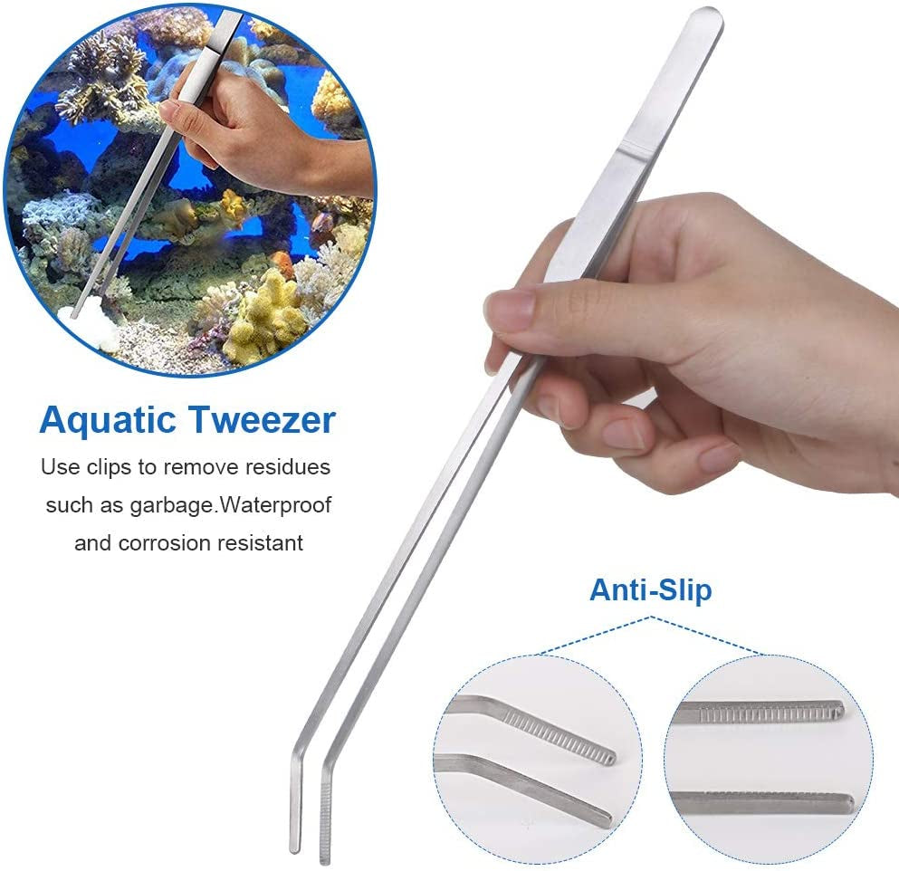 Aquarium Tools Kit, 4 in 1 Long Stainless Steel Tweezers Scissor Spatula Multi Functional Aquarium Tank Tool Set for Fish and Aquatic Plants Trim Aquascaping Cleaning & Fish Kit(With Fish Net)